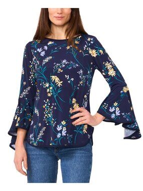 Sam & Jess Women's Printed Crewneck 3/4-Bell-Sleeve Blouse Blue Size S $59